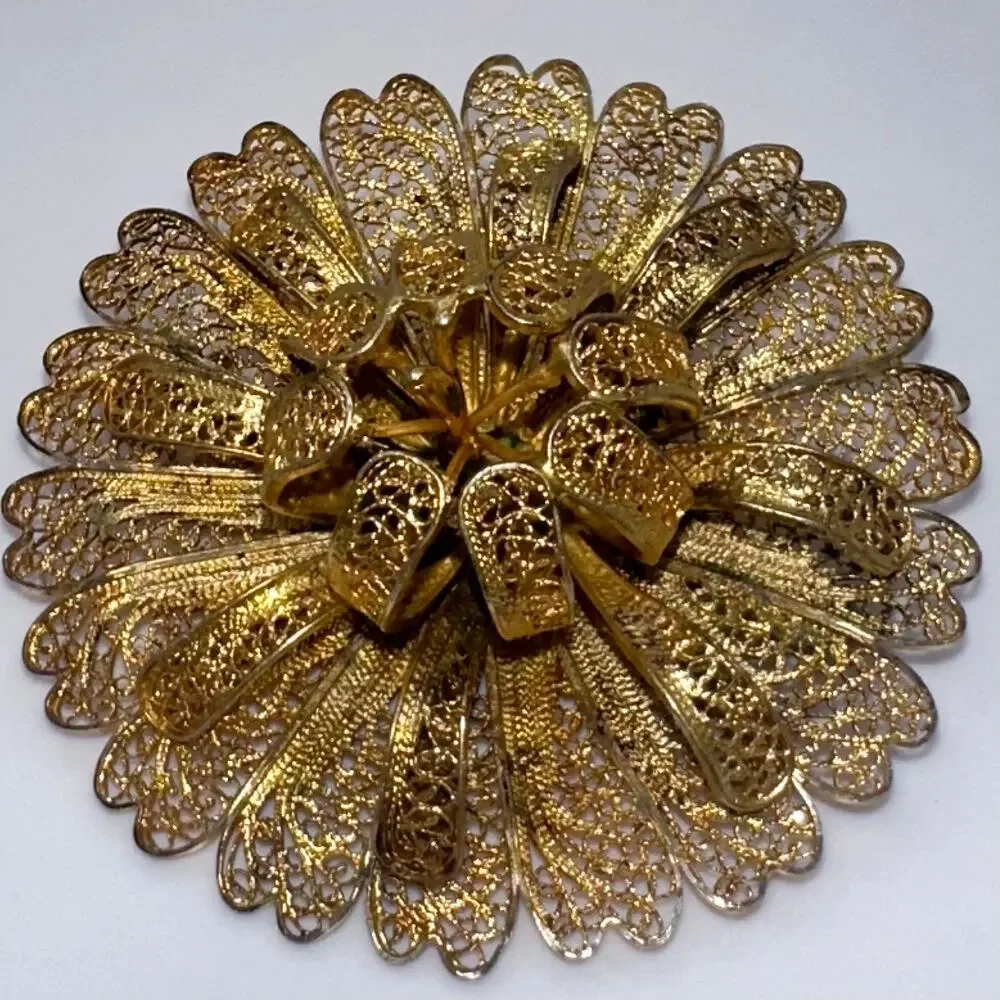 Antique 800 silver gold vermeil filigree large 3D flower brooch signed 16.68g - Picture 2 of 10